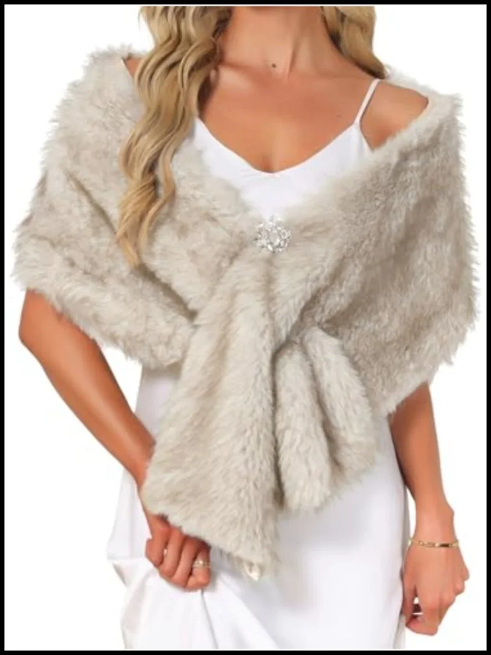 Faux Fur Shawl Wrap with Rhinestone Brooch Clasp, Wedding Winter Cape Stole,